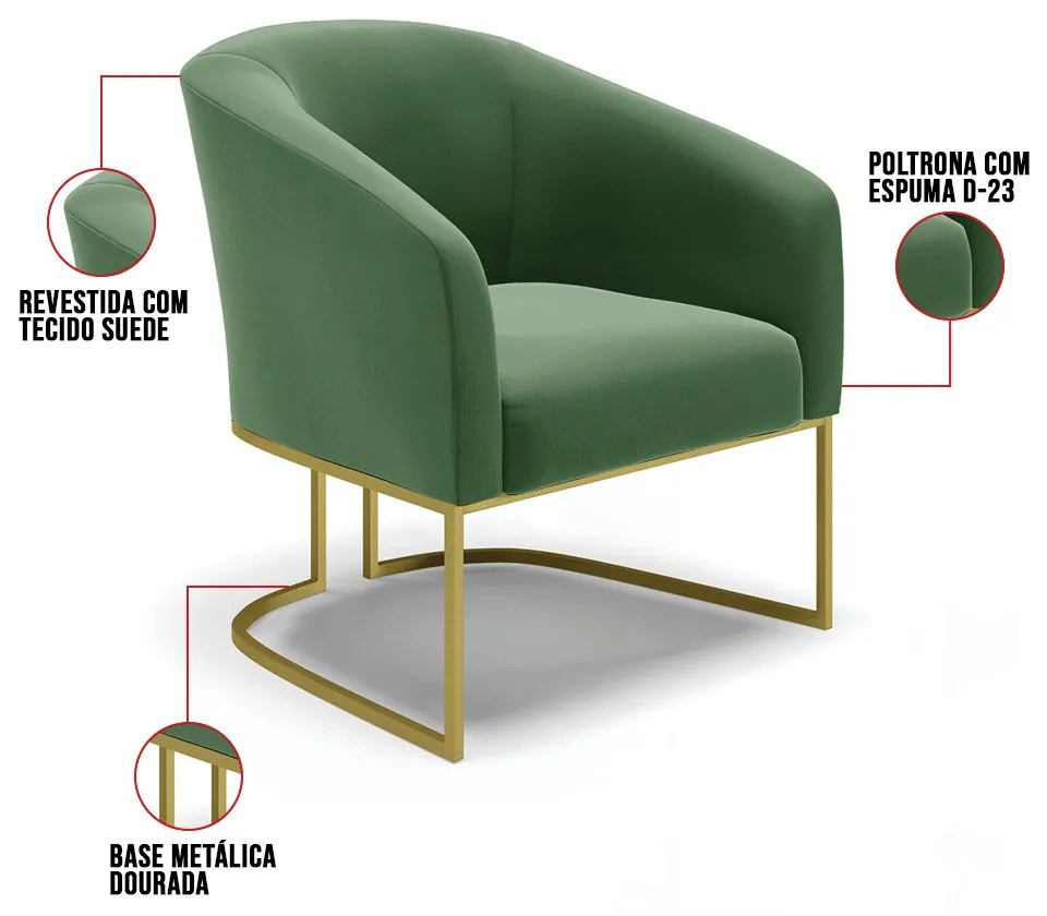 Cadeira Sala de Jantar Base Industrial Dourado Kit 2 Stella Suede D03 - D'Rossi - Verde