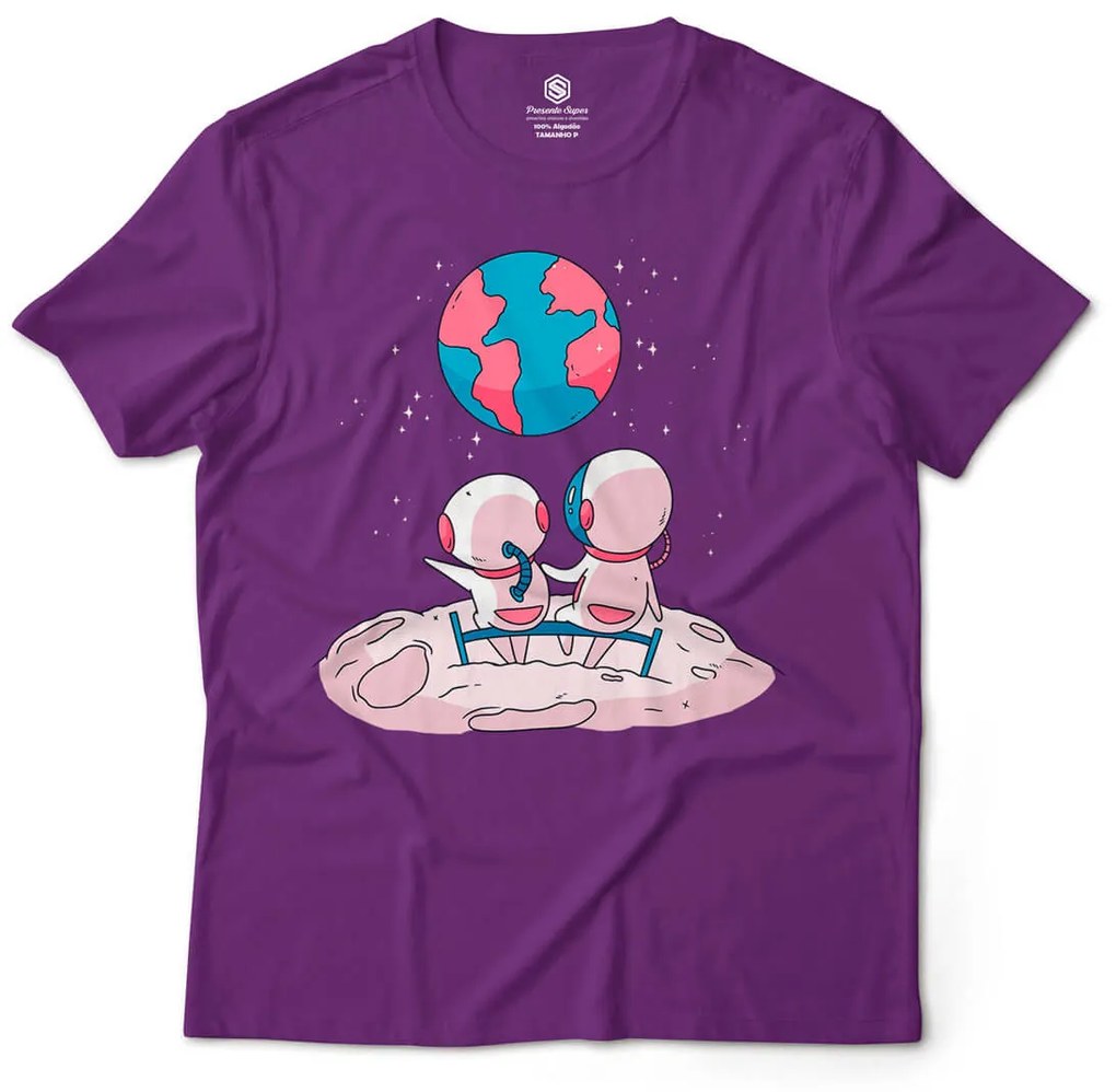 Camiseta Unissex Casal Astronauta na Lua - Azul Marinho - G