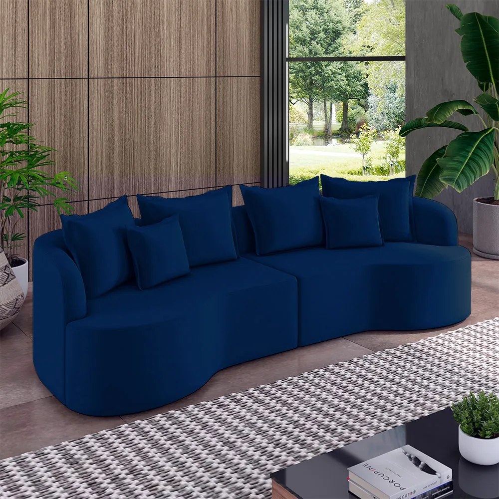 Sofá Living Decorativo Salinas 2 Lugares com Almofadas 210cm Modulado Veludo Azul G33 - Gran Belo