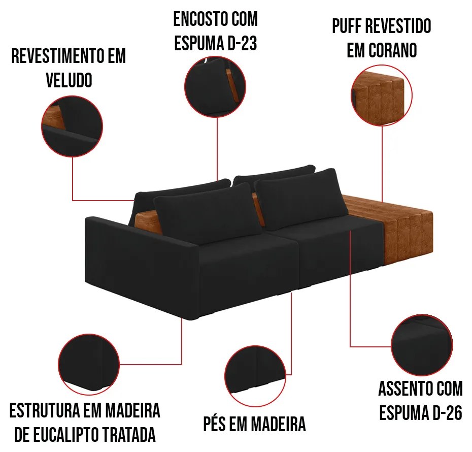 Sofá Ilha 2 Lugares Living 272cm Modulado para Sala Lary Veludo K01 - D'Rossi - Preto