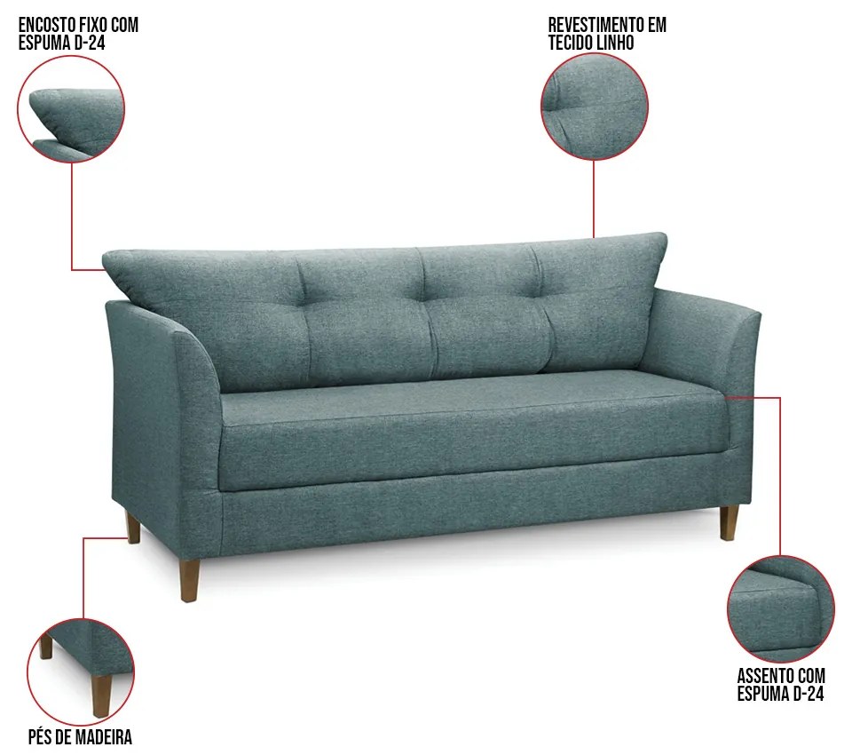 Sofá 3 Lugares Living para Sala Leblon 180cm Linho Azul E03 - D'Rossi