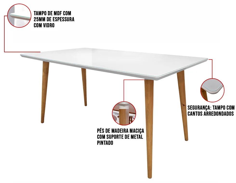 Mesa de Jantar com Vidro Louise 160x90 cm Pés Retrô Castanho - D'Rossi - Branco