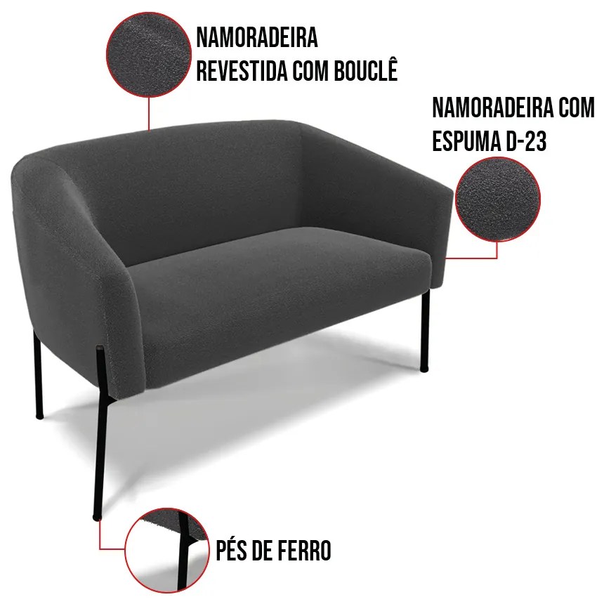 Sofá 2 Lugares Namoradeira Pé de Ferro Preto Stella Bouclê D03 - D'Rossi - Grafite
