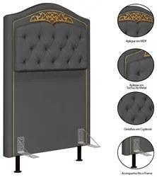 Cabeceira Cama Box Solteiro 90cm com Tachas Imperial Veludo J02 Cinza