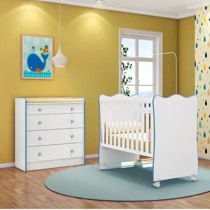Quarto de Bebê Cômoda 4 Gavetas Doce Sonho e Berço Simples Branco/Azul - Qmovi