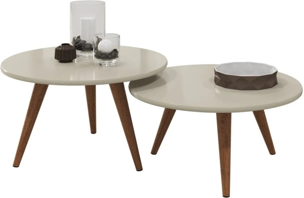 Mesa De Centro Para Sala Redonda Retr Off White Kit Com Biano