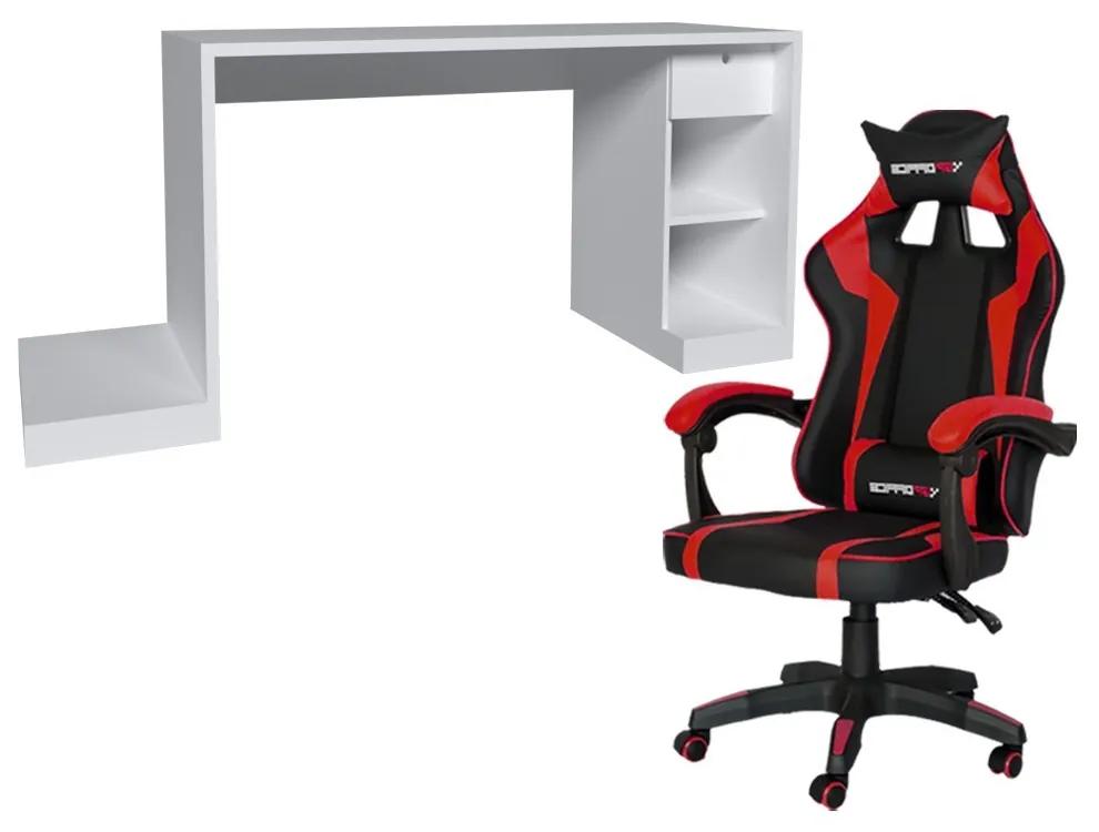 Conjunto PlayerXTreme Mesa Branco Texturizado e Cadeira Gamer Vermelho - Gran Belo