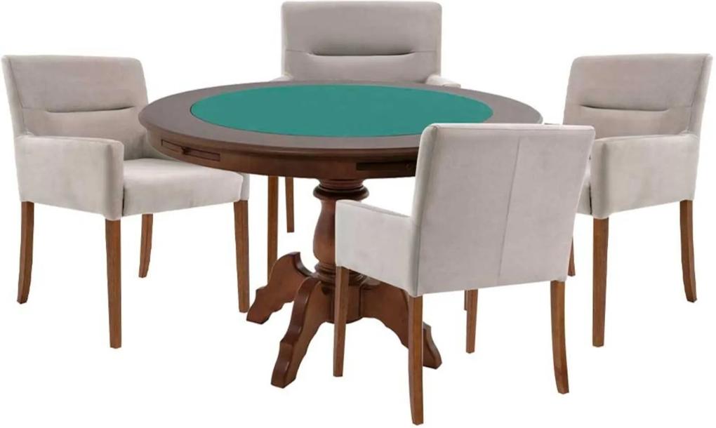 Mesa de Jogos Carteado Redonda Montreal Tampo Reversível Imbuia com 4 Cadeiras Vicenza Nude - Gran Belo