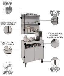 Aparador Cantinho do Café e Painel 3 Prateleiras Flora M24 Branco - Mp