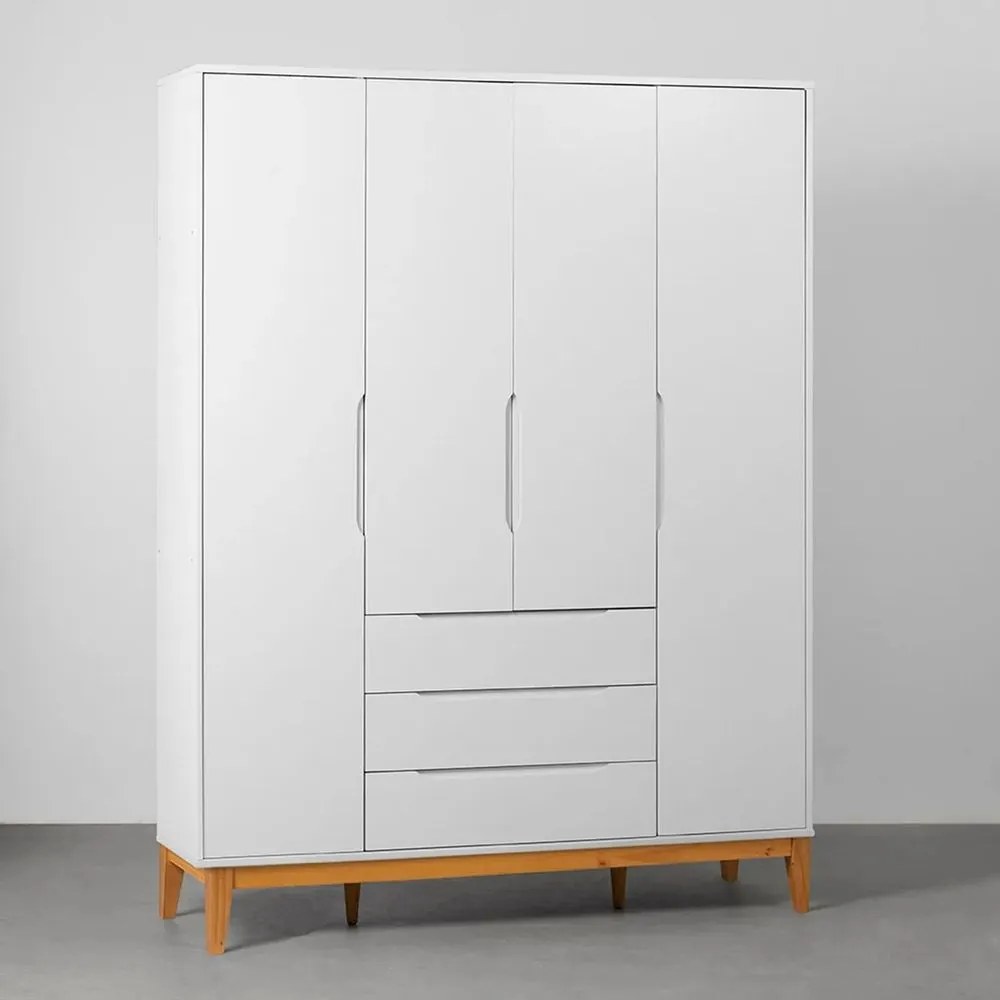 Guarda-Roupa Elfe 4 Portas e 3 Gavetas com Pés Square Mel – Branco Fosco