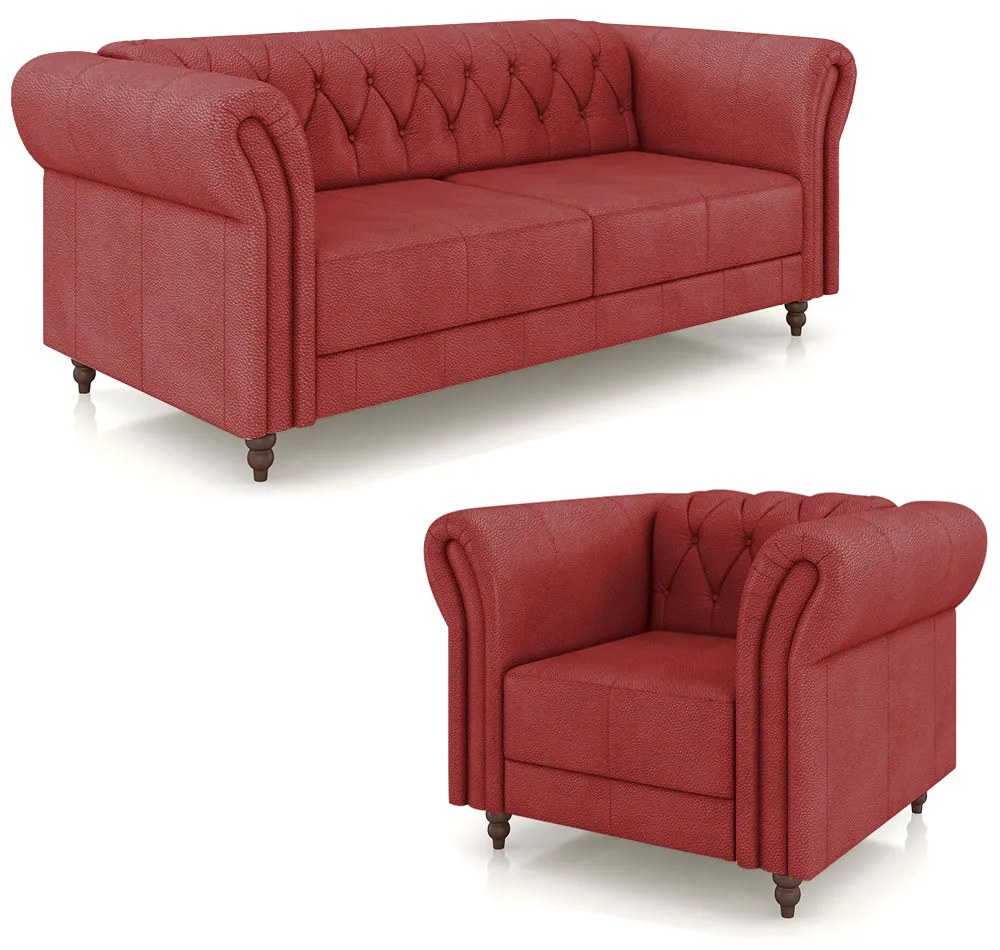 Conjunto Sala de Estar 1 Sofá Living 180cm e 2 Poltronas Stanford Chesterfield Pés Madeira Couro Vermelho G58 - Gran Belo