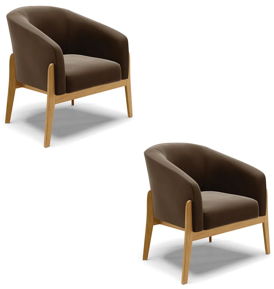 Poltrona Decorativa Base de Madeira kit 2 Stella Suede Marrom D03 - D'Rossi
