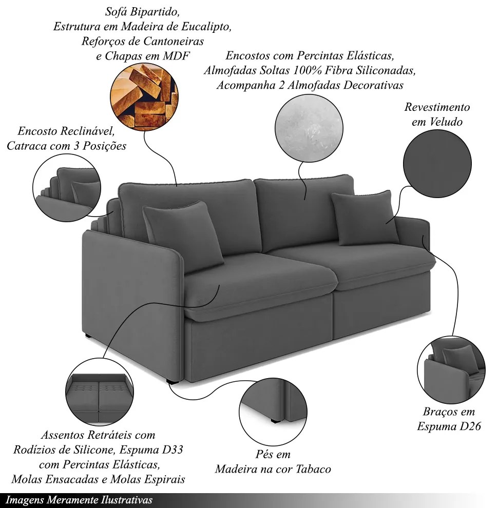 Sofá Reclinável e Retrátil Gandalf Bipartido 254cm Caixa Zero com Almofadas Veludo Grafite G33 - Gran Belo