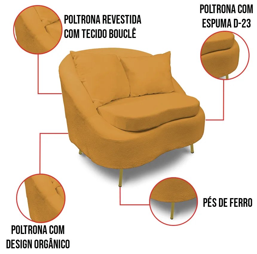 Poltrona Decorativa Orgânica Pé Ferro Dourado Zaya Bouclê Mostarda C05 - D'Rossi