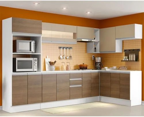 Cozinha Completa 100% MDF Madesa Smart Modulada de Canto Branco/Rustic/Crema Cor:Branco/Rustic/Crema