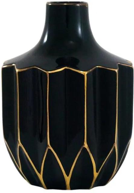 Vaso Decorativo Preto com Detalhes em Dourado - 23x17x17cm