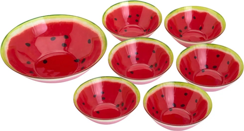 Conjunto 1 Bowls de 24cm e 6 Bowls de 15cm de Vidro P/Sobremesa - Linha Melancia Vermelha