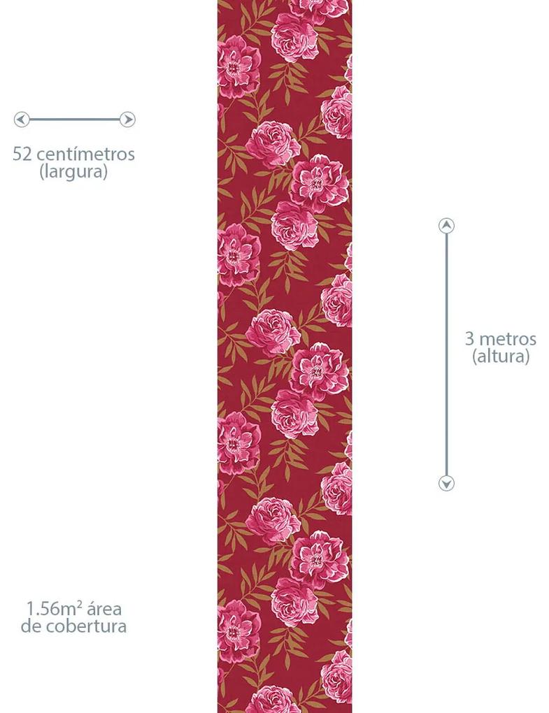 Papel de Parede Floral Linho Vermelho Rosa e Marrom 0.52m x 3.00m