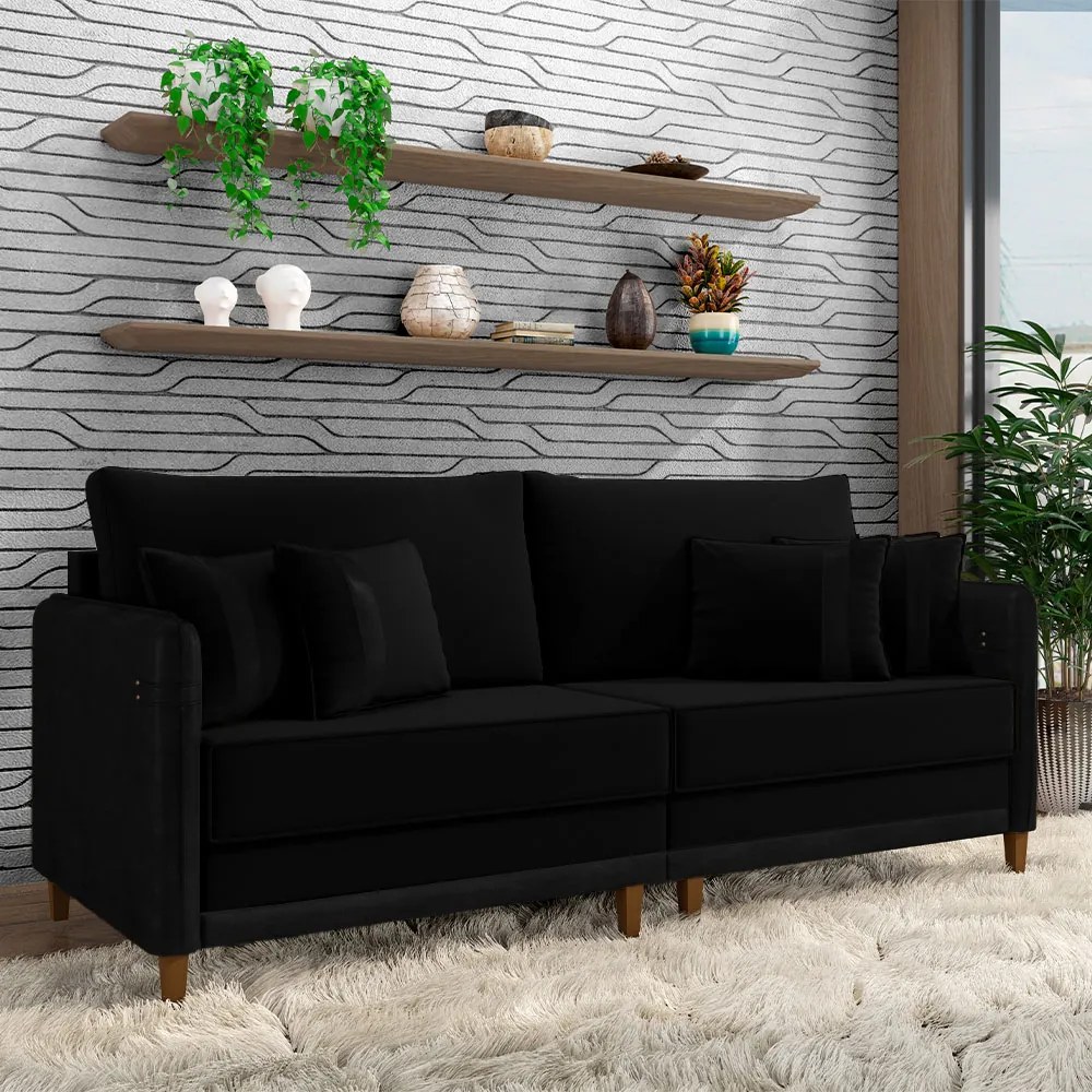 Sofá Living Montecarlo 3 Lugares Bipartido 252cm Pés em Madeira Veludo/PU Preto G33 - Gran Belo