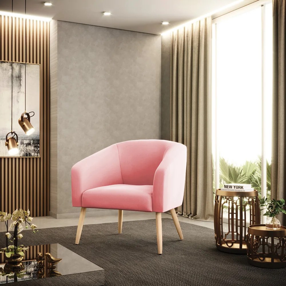 Poltrona Decorativa Pé Palito Natural Kit 2 Stella Suede Rosa Bebê D03 - D'Rossi