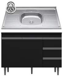 Balcão Gabinete com Pia Inox 120cm 2 Portas 3 Gavetas Andréia Preto To