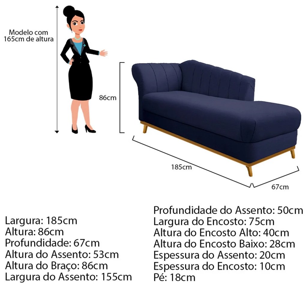 Recamier Vanessa 185cm Lado Direito Corano Azul Marinho - ADJ Decor