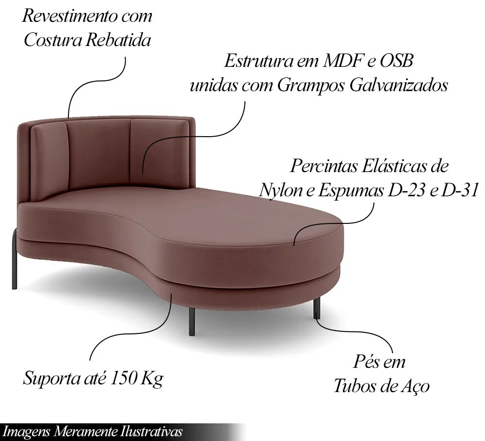 Sofá Chaise Lado Direito Downey Sala de Estar Veludo Rosê G15 - Gran Belo