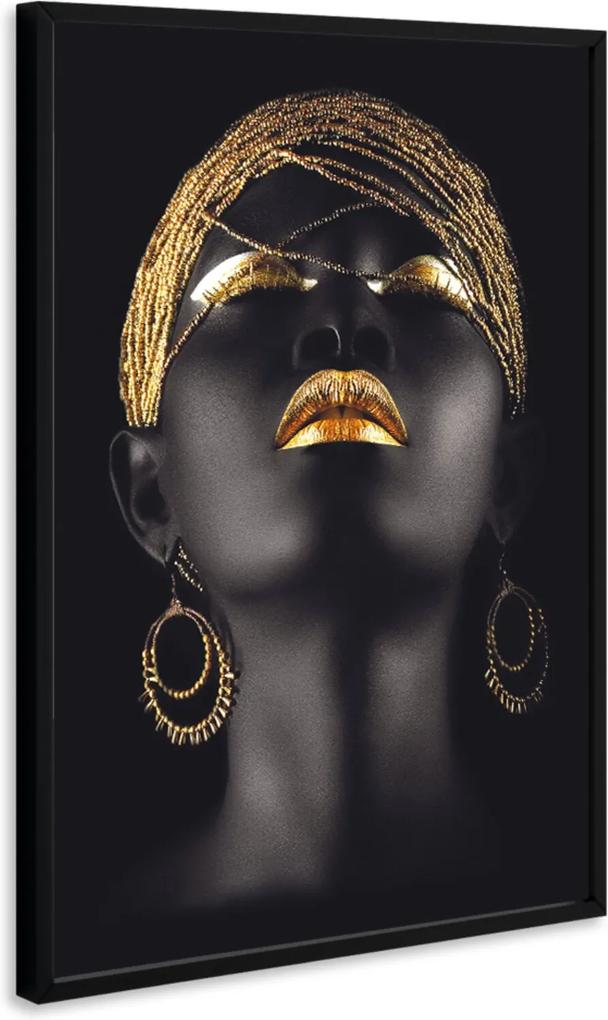 Quadro 60x40cm Mulher Negra Maquiagem Dourada Beltza Moldura Preta com Vidro