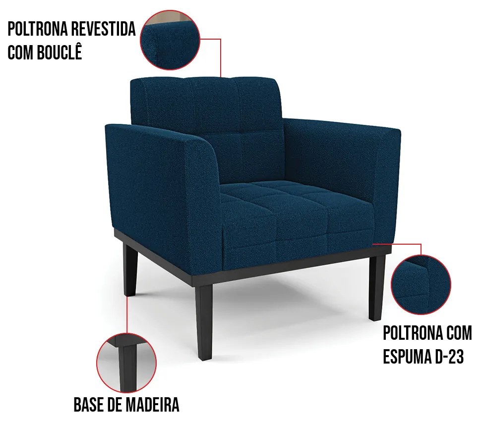 Namoradeira 2 Poltronas Base Madeira Fixa Pto Elisa Bouclê Azul D03 - D'Rossi