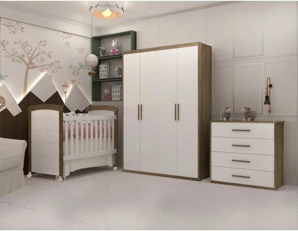 Dormitório Melissa Guarda Roupa 4 Portas Cômoda 4 Gavetas E Berço Cléo Branco/Amadeirado Carolina Baby