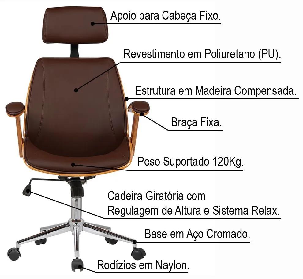 Kit 02 Cadeiras de Escritório Presidente Giratória com Regulagem de Altura Akon PU Sintético Marrom G56 - Gran Belo