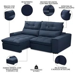 Sofá Retrátil Reclinável 3 Lugares 230cm Damy F05 Veludo Azul - Mpozen