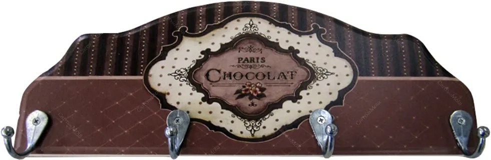 Porta-Chaves Paris Chocolat em Madeira - 4 Ganchos - 29x12 cm