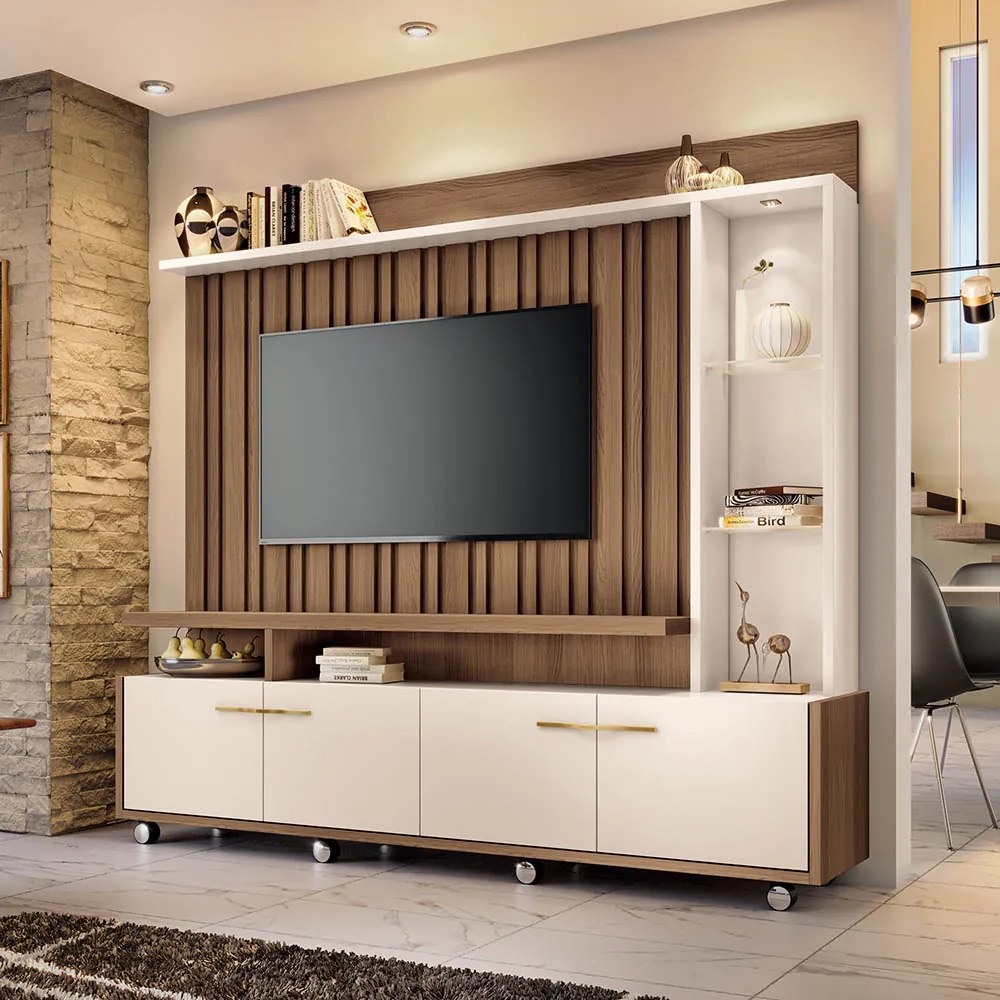 Estante de TV 60 Pol 200cm Sam Castanho/Off White H01 - D'Rossi