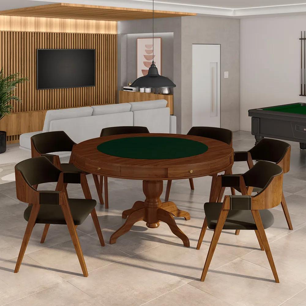 Conjunto Mesa de Jogos Carteado Bellagio Tampo Reversível e 6 Cadeiras Madeira Poker Base Estrela Veludo Marrom/Imbuia G42 - Gran Belo