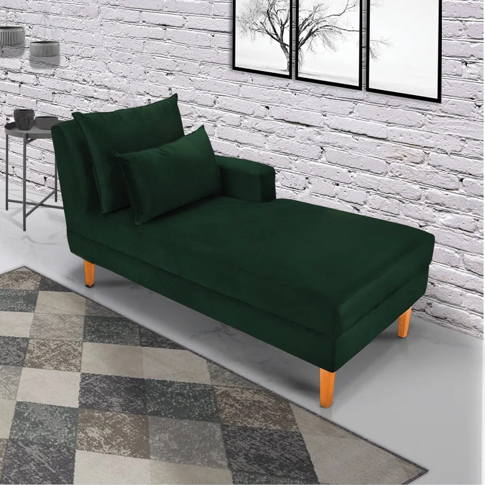 Divã Chaise Chloe 160 cm Veludo Verde Esmeralda Pés Chanfrado Castanho - D'Rossi