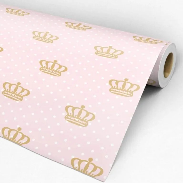 Papel de Parede poá branco rosa e coroa marrom 0.52m x 3.00m