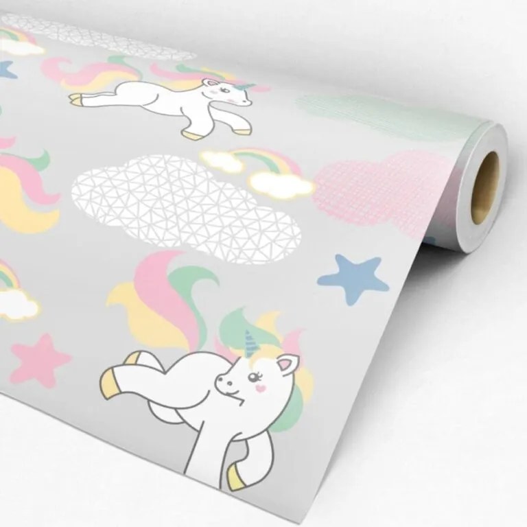 Papel de Parede Infantil Unicórnio Cinza