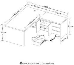 Mesa para Escritório em L Chefia 190cm Corp A06 Freijó/Branco - Mpozen