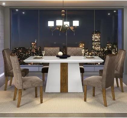 Sala de Jantar Mesa Itália 170cm e 6 Cadeiras Golden Branco/Demolição/Marrom - Dj Móveis