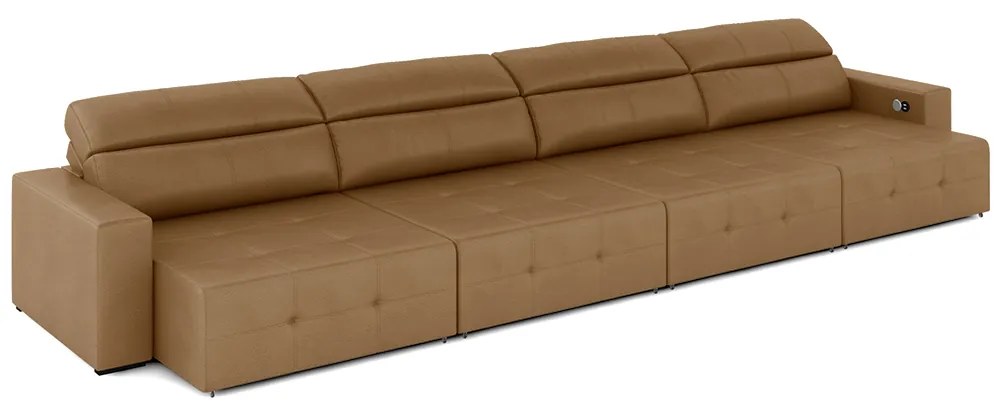 Sofá Retrátil 8 Lugares 484cm 4 Módulos Nero com USB Couro Caramelo G52 - Gran Belo