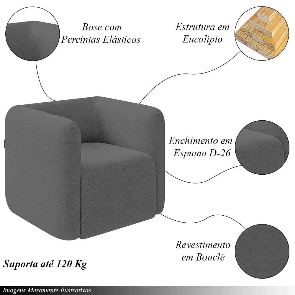 Kit 2 Poltronas Decorativas Sala de Estar Trinidad Base Fixa Bouclê Grafite G33 - Gran Belo