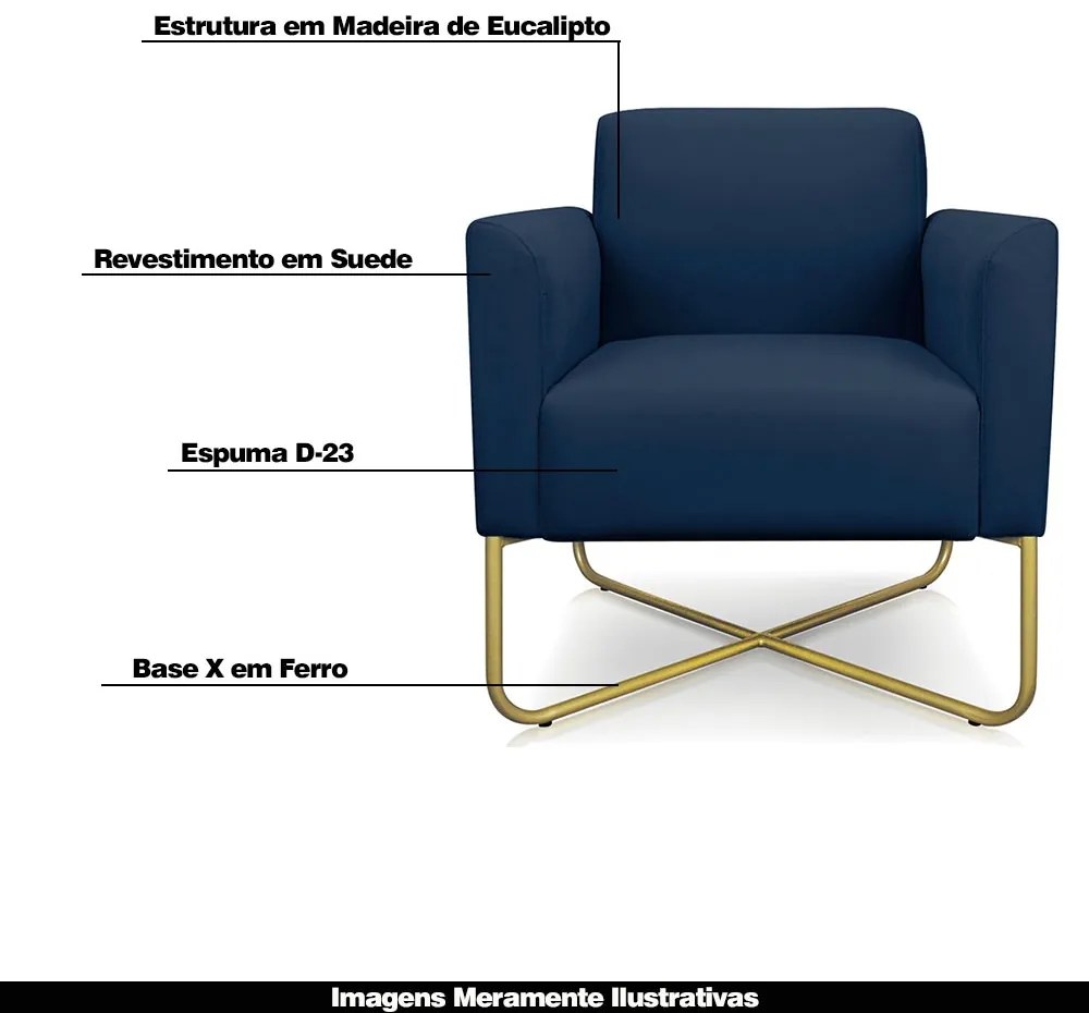 Kit 2 Poltronas Decorativas Isabella Base X Suede Azul Marinho/Dourado G19 - Gran Belo