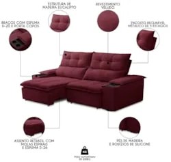 Sofá Retrátil 3 Lugares com Porta Copo 210cm Malta F05 Veludo Bordô -