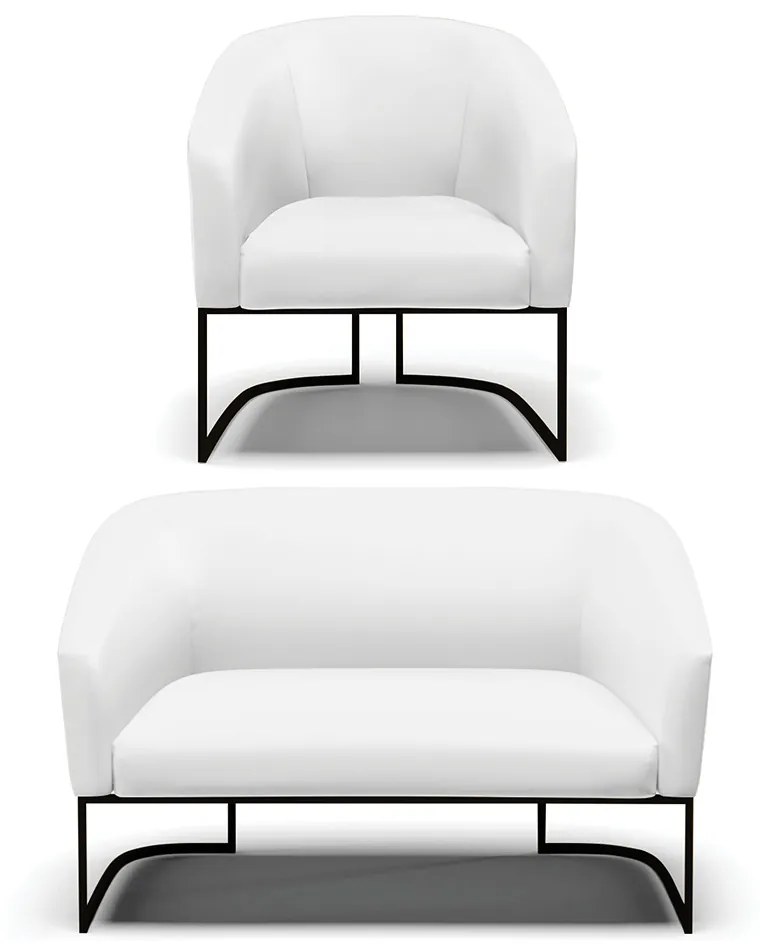 Sofá Namoradeira e Poltrona Base Industrial Preto Stella Sintético D03 - D'Rossi - Branco