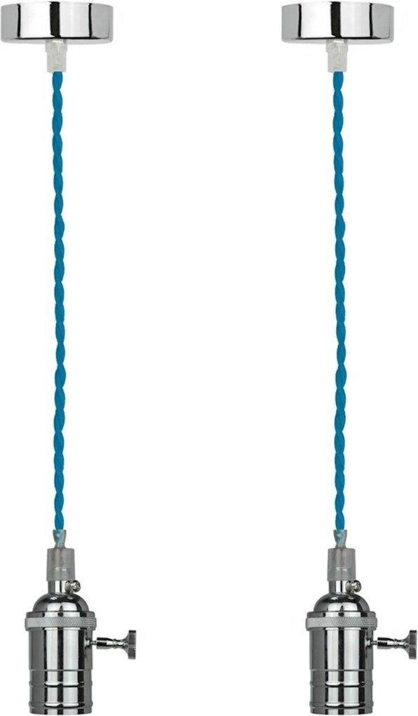 02 Pendentes Lamp Show Primer, 165X4cm, Fio Em Tecido Azul E Bocal Em Metal