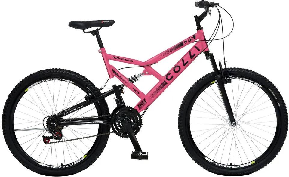 Bicicleta Esportiva Aro 26 Dupla Suspensão Freio V-Brake GPS 148 Quadro 18 Aço Rosa Neon - Colli Bike