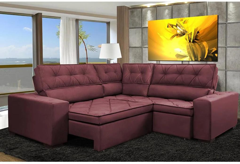 Sofa de Canto Retrátil e Reclinável com Molas Cama inBox Austin 2,30m x 2,30m Suede Velusoft Vinho