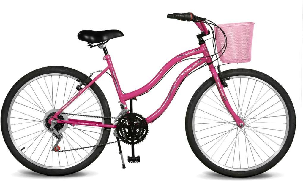 Bicicleta Kyklos Aro 26 Leme 6.5 Freio Manual com Cesta 21V Pink