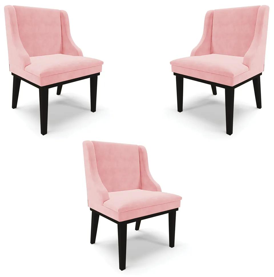 Kit 3 Cadeiras Decorativas Sala de Jantar Base Fixa de Madeira Firenze Suede Rosa Bebê/Preto G19 - Gran Belo